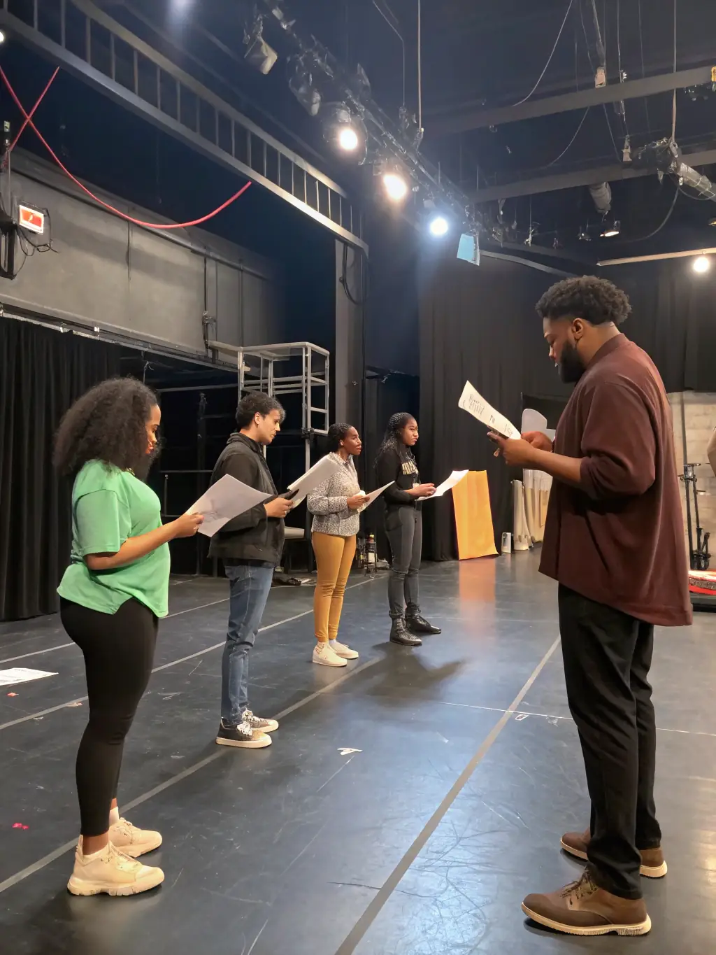 A vibrant image of community members rehearsing on stage for a TAC'ON'ART community theater program, showcasing diverse participants engaging in acting and stagecraft.