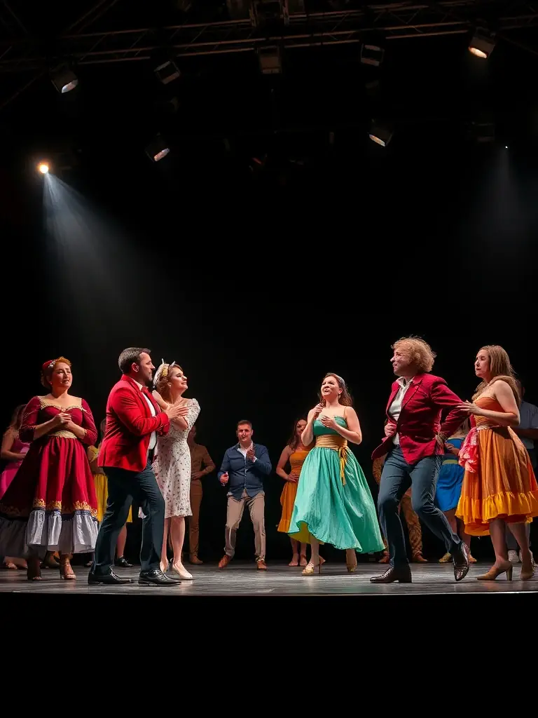 An image of actors performing an original play on stage, with expressive gestures and a captivated audience, representing TAC'ON'ART's Original Text Productions.
