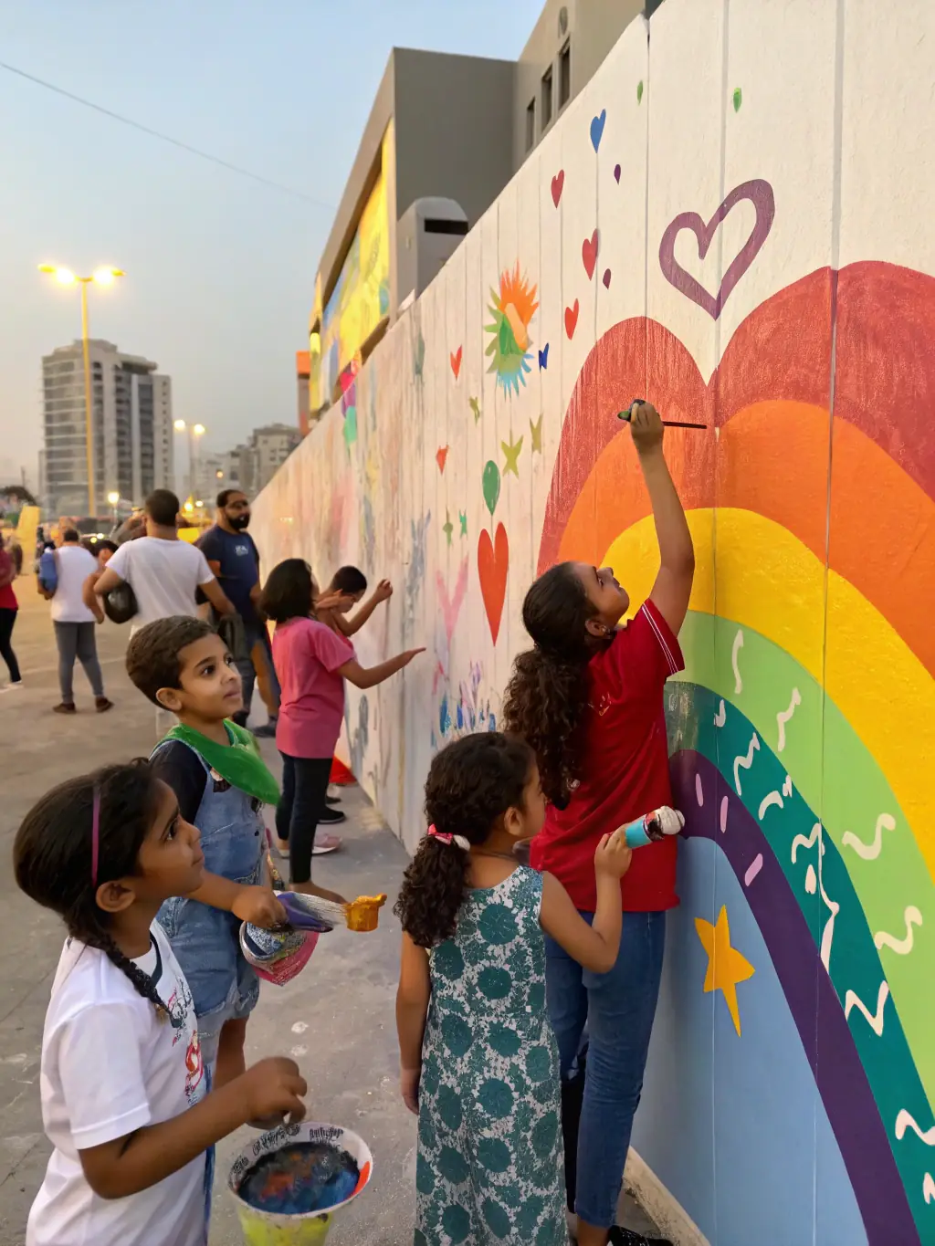 A group of diverse individuals smiling and working together on a community art project, symbolizing the collaborative spirit and positive impact of TAC'ON'ART's initiatives.