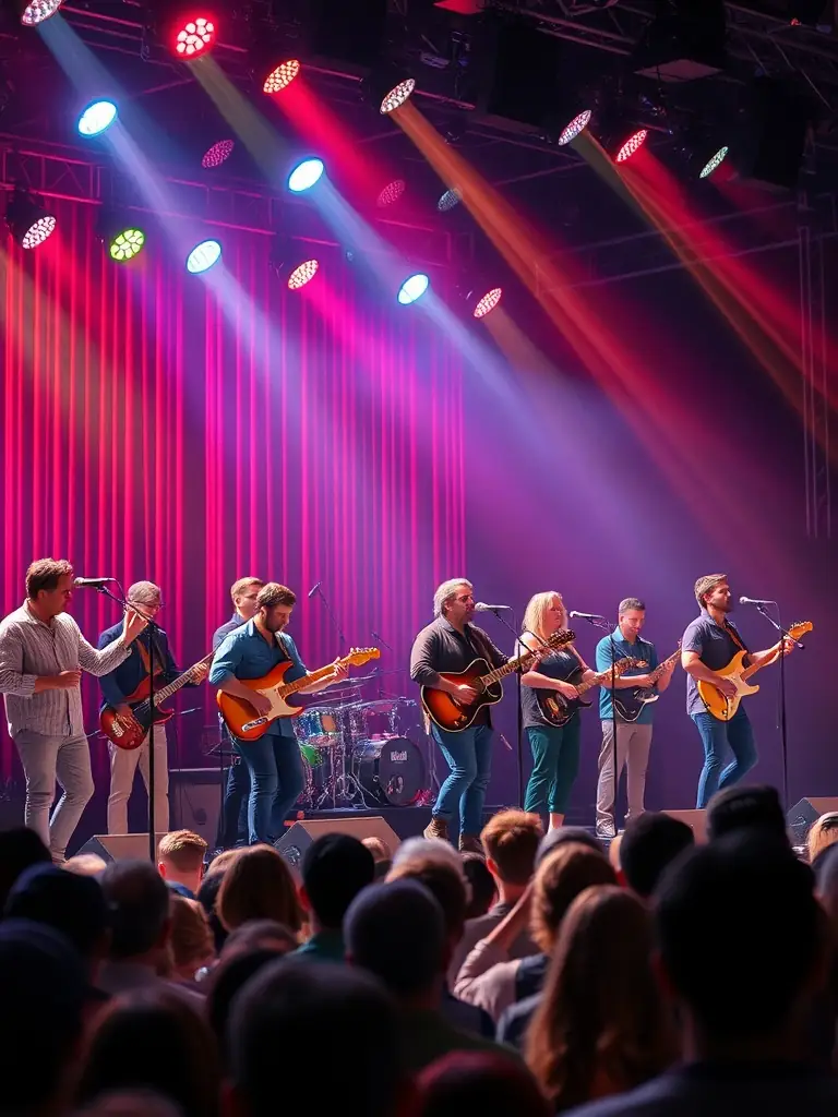 A lively scene of performers on stage during a variety show, with an engaged audience and colorful lighting, capturing the essence of TAC'ON'ART's Variety Shows and Cultural Events.
